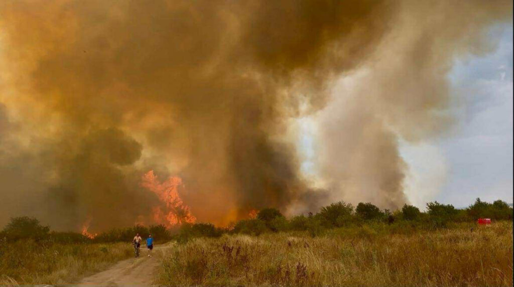 Flăcări uriașe în Târgu Jiu. Incendiul s-a extins rapid pe mai multe sute de hectare