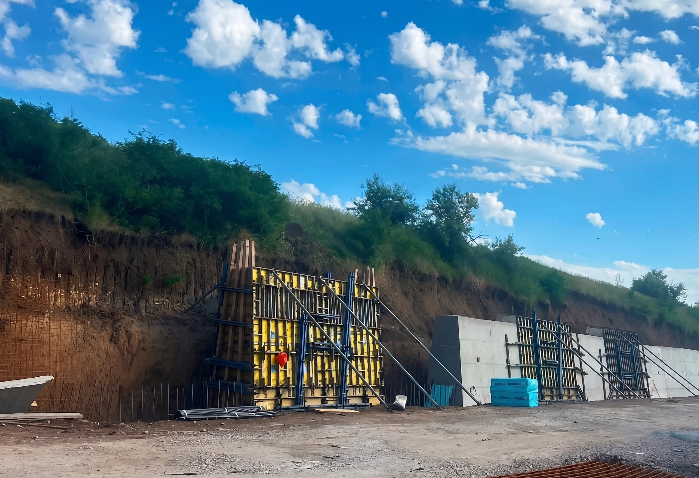 Șantier de cale ferată &icirc;n zona Daia, cu cofraje, armături și elemente de beton &icirc;n execuție