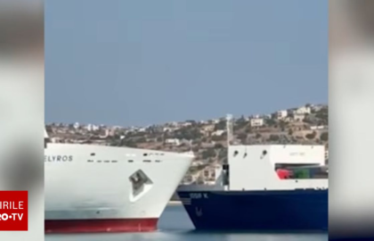 Momentul în care un feribot cu 100 de oameni la bord s-a ciocnit cu o navă de marfă, în largul insulei Creta. VIDEO